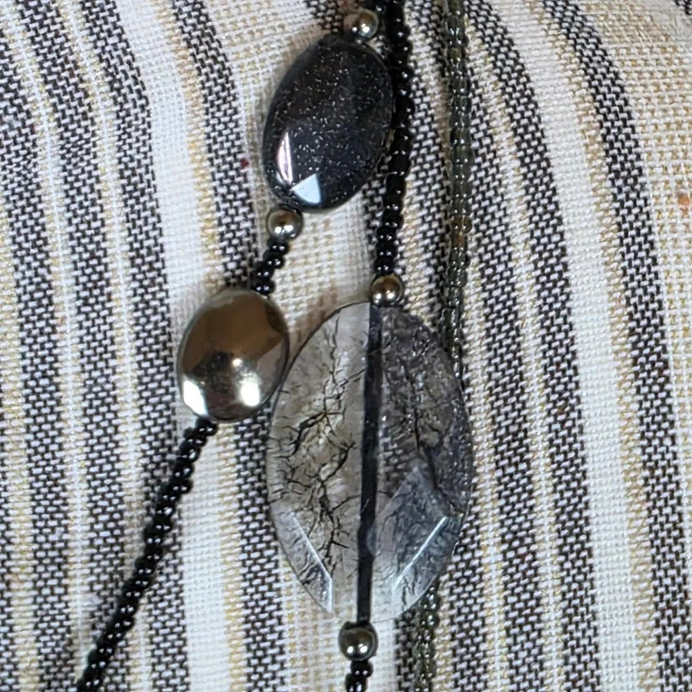 Long Layered Beaded Necklace Black Grey Oval Stones Statement Pendant whimsygoth